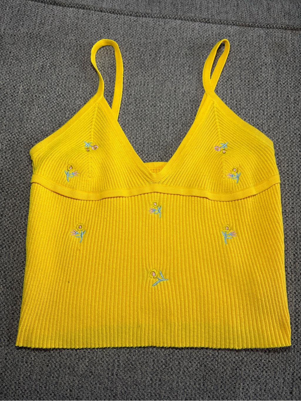 Yellow Ribbed V-Neck Spaghetti Strap Tank Top